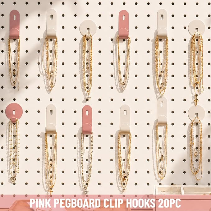 HUHOLE 20PC Pink Pegboard Clip Hooks for Thin Metal 1/4 Inch Pegboard | Picture Hangers with 10 lb Capacity, 10 Round and 10 Angled Peg Hooks for Jewelry, Crafts and Small Accessories - Image 6