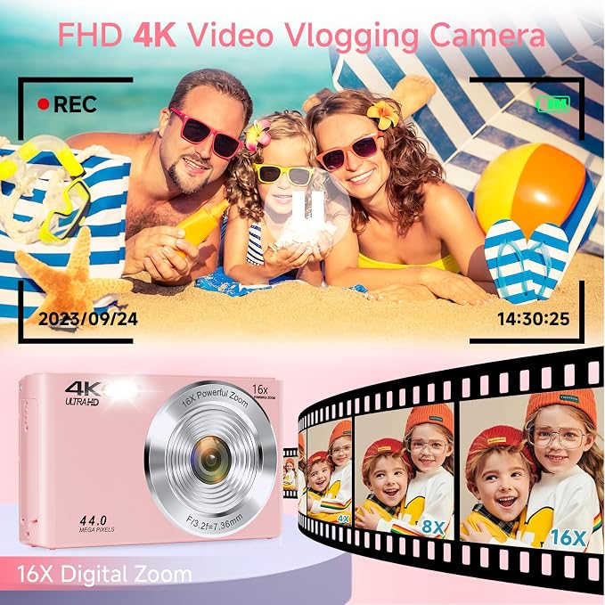 Digital Camera, FHD 4K Autofocus Digital Camera Pink with 64GB SD Card 16X Zoom, 2026 Upgraded Compact Cameras for Photography Point and Shoot Small Camera for Teen Boys Girls Kids Travel Adventures - Image 3