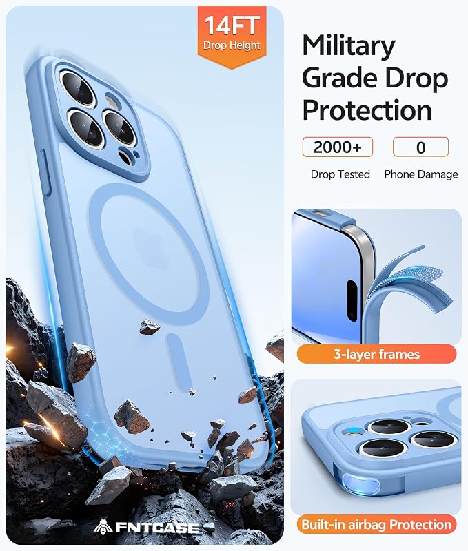 FNTCASE for iPhone 14 Pro Case, Compatible with Magsafe, Screen Protector | Full Camera Protection, Translucent Matte, 14FT Military Grade Drop Proof, Shockproof Protective Phone Cover, Light Blue - Image 5