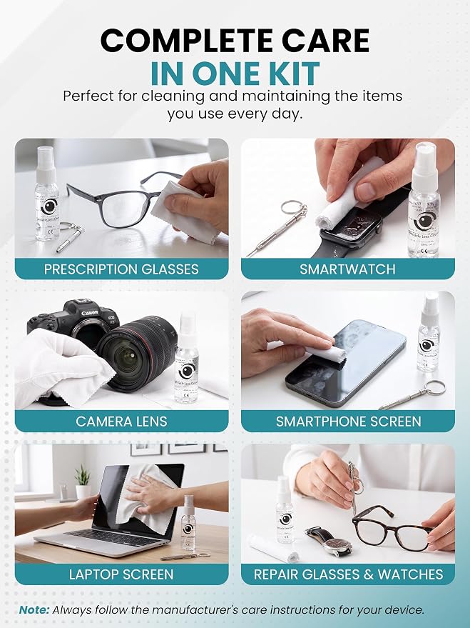 Complete Eyeglass Lens Cleaner Set | Cleans Any Lens or Screen | Repair Tool Fixes Eyeglasses, Sunglasses, and Watches | Includes Cleaning Solution, Repair Tool, and Premium Microfiber Towelette - Image 5
