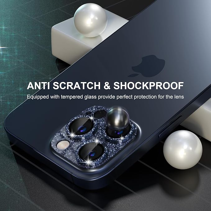 Choiche for iPhone 15 Pro/iPhone 15 Pro Max Camera Lens Protector | Bling Camera Cover with 9H Tempered Glass Lens Screen Protector Metal Ring Decoration Accessories (Glitter-Titanium Blue) - Image 4