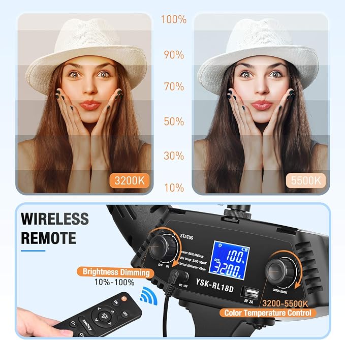 Yesker Ring Light 18" Wireless Remote LCD Screen with Tripod Stand 65W LED Ringlight Bi-Color 3200-5500K CRI≥95 for Portrait Live Stream Photography Tiktok Video Zoom Meeting Online Teaching - Image 3
