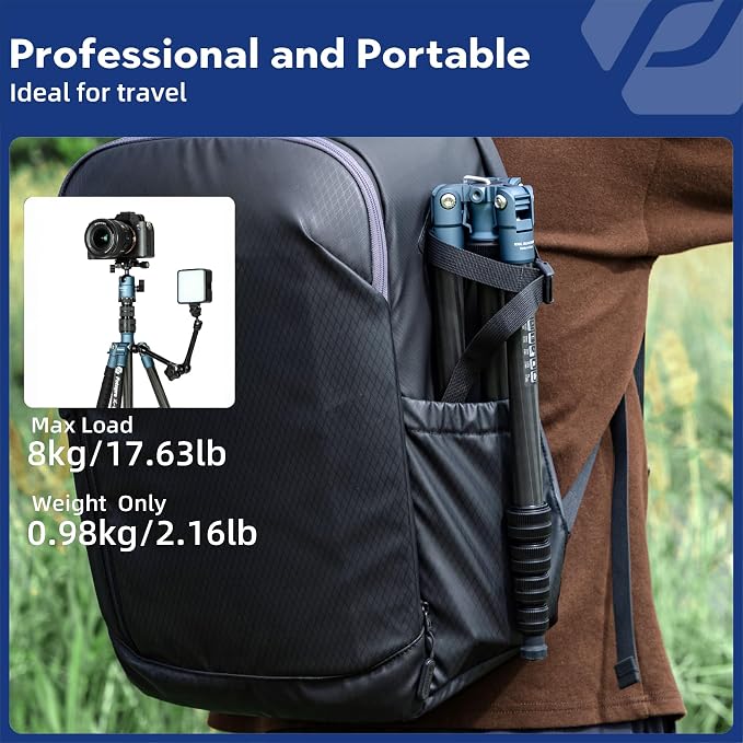 Fotopro 60" Carbon Fiber Camera Travel Tripod, 2lbs Super Lightweight Compact Tripod with 360° Metal Ball Head, Detachable Monopod, with Arca QR Plate & Bag, Load up to 8KG/17.63lbs, for SLR DSLR,Blue - Image 2
