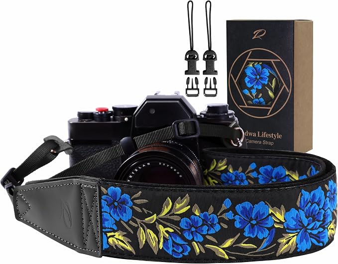 Padwa Lifestyle Blue Rose Camera Strap - 2" Full Grain Leather Ends Camera Straps for Photographers, Vintage Embroidered Cotton Soft Suede Fabric Padded Strap Quick Release fits All Cameras by PadwaLifestyleCameraStrap