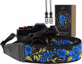 Padwa Lifestyle Blue Rose Camera Strap - 2" Full Grain Leather Ends Camera Straps for Photographers, Vintage Embroidered Cotton Soft Suede Fabric Padded Strap Quick Release fits All Cameras by PadwaLifestyleCameraStrap