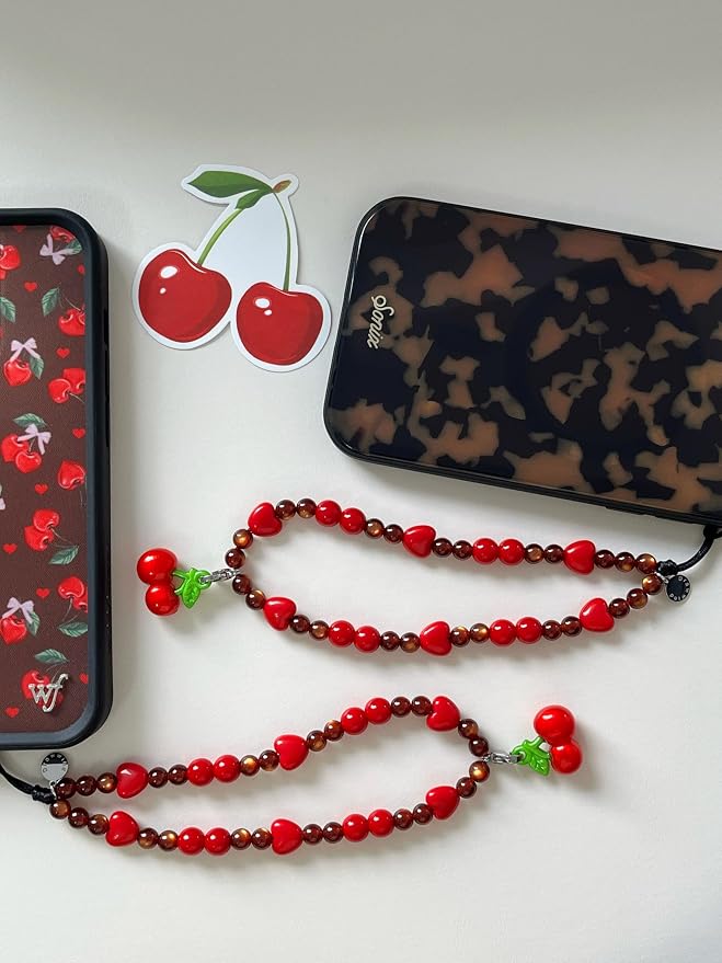 Drawwind Phone Charm Beaded Wristlet Strap Universal Cell Phone Lanyard Cute Bracelet Wrist Strap Beaded Chain String Handmade Accessories for Case Camera Bags (Sweet Cherries) - Image 6