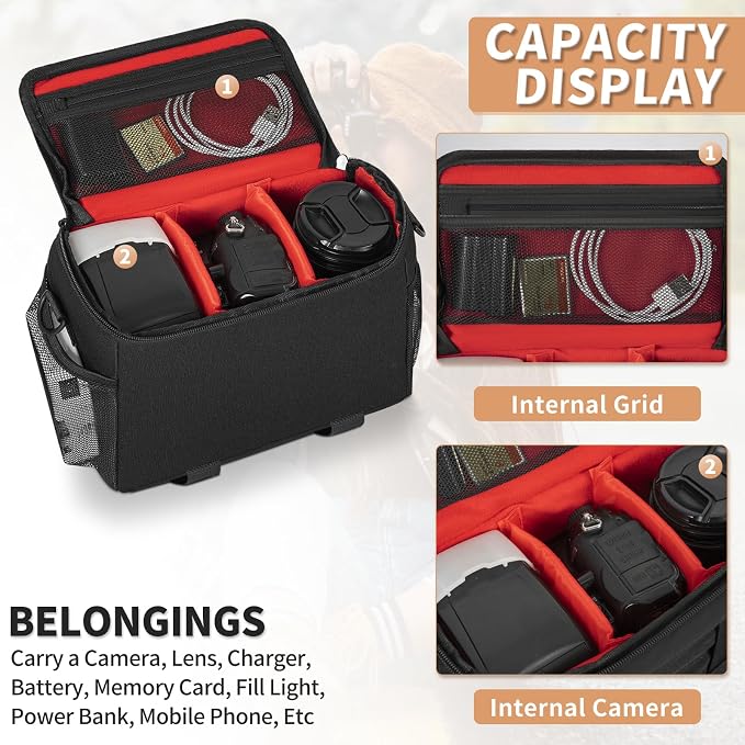 Camera Carrying Case, Camera Storage Bags Anti-Shock Crossbody Camera Case | Compatible for Canon, Nikon, Sony, Fuji DSLR/SLR/Mirrorless Cameras, Lens and Accessories, 9''× 4.7''× 7.5'', Black - Image 3