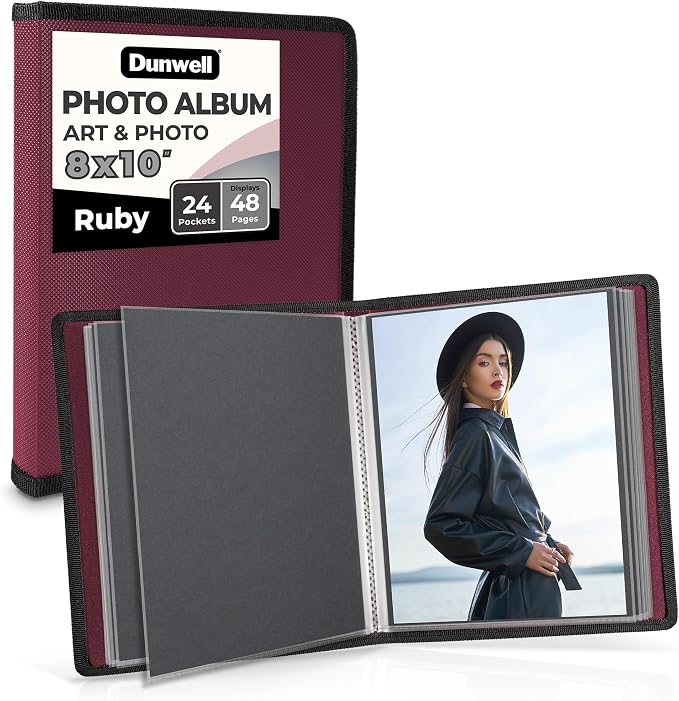 Dunwell 8x10 Photo Album & Art Portfolio Book, 24 Sleeves, Ruby | Displays 48 Pages, 24 Clear Sleeves, Black Mounting Paper, Organizer for 8x10 Photos by Dunwell