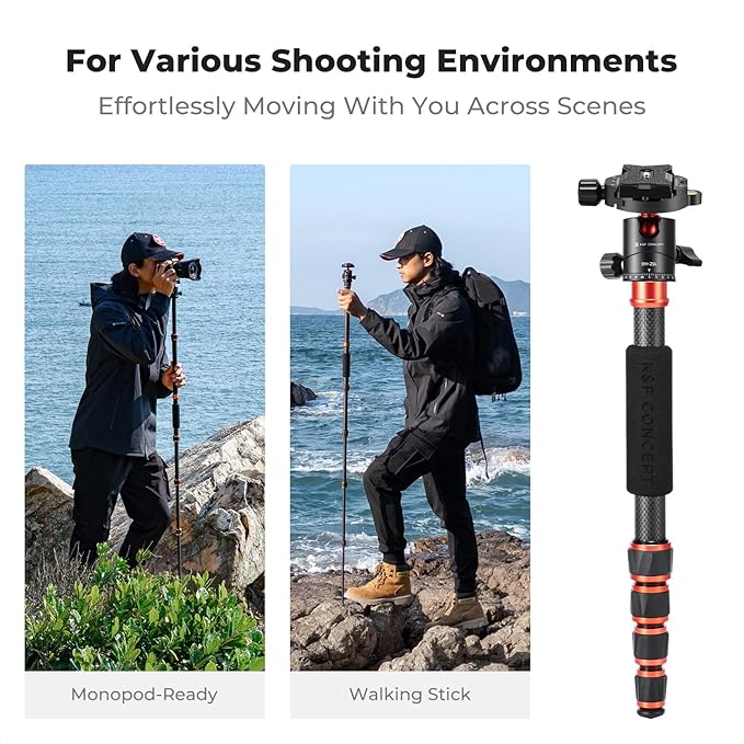 K&F Concept 60" Carbon Fiber Camera Tripod, Detachable Monopod for SLR DSLR | Max Load 17 lb, Lightweight Compact Travel Tripod, 360 Degree Ball Head, Quick Release Plate, A225C0+BH-25L - Image 4