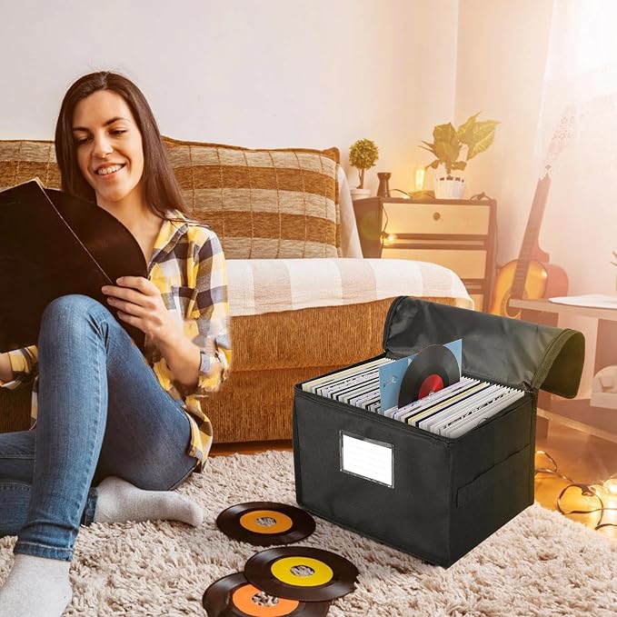Vinyl Record Storage Box, Waterproof Organizer Storage with Lid & Handles for 60 (7-inch) Single Records, Foldable Organizer for Valuable Album Collection - Image 7