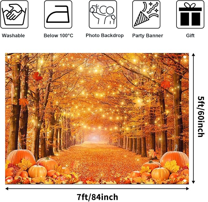 7x5ft Fall Thanksgiving Photography Backdrop | Cotton Fabric, Maple Forest Pumpkin Print, Fall Party Decor, Fall Harvest Friendsgiving Party Photo Booth Background - Image 4