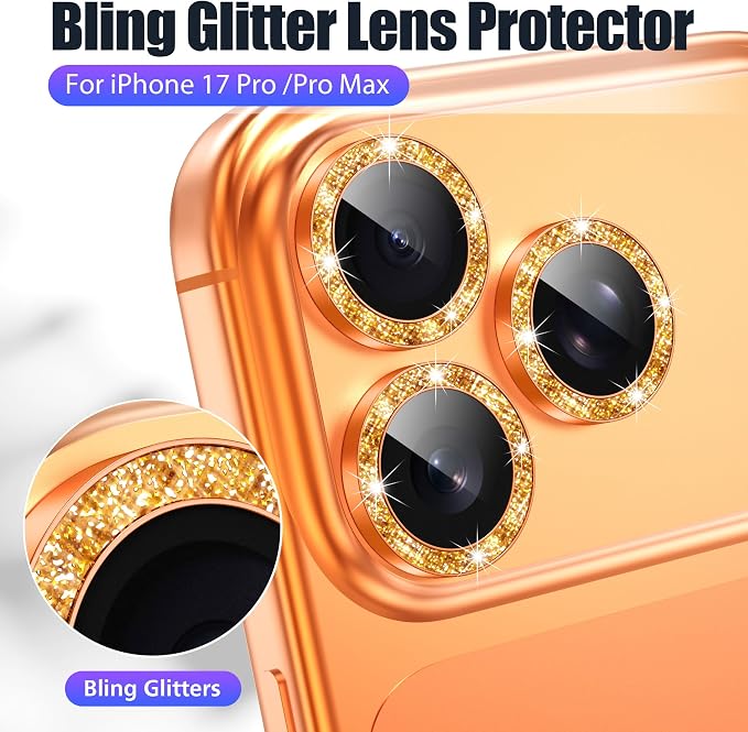 AGVEE 3+3 6 Pack for iPhone 17 Pro & Max Camera Lens Protector Cover | Individual Bling Diamond & Bling Glitter Sparkle Cute Gem Metal Ring, 9H Tempered HD Glass - Image 5