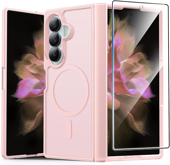 FNTCASE for Samsung Galaxy Z Fold 7 Case, Hinge Protection, Fit for Magsafe | with Screen Protector, Translucent Matte Magnetic Back, 18FT Military Grade Drop Proof, Protective Phone Cover, Light Pink by FNTCASE
