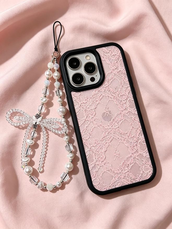 Cell Phone Charm Pearl Beaded Phone Wrist Strap Elegant Aesthetic Handmade Anti-Lost Pearl Chain Bracelet for iPhone Samsung All Smartphones Wristlet Gift for Women Girls Clear Crystal Double Bow Faux - Image 7