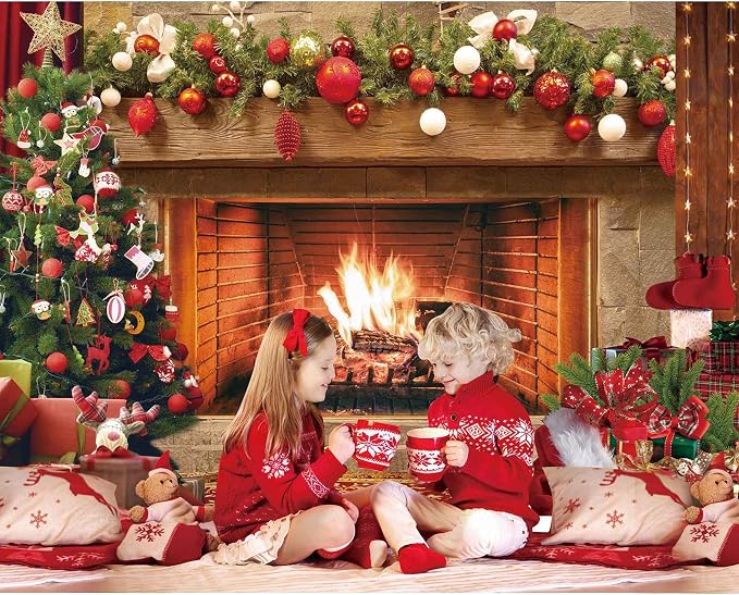 7x5ft Polyester Fabric Christmas Fireplace Backdrop Vintage Xmas Tree Sock Background Photography for Kids Portrait Party Decorations Photo Studio Booth Props Decor Supplies - Image 3