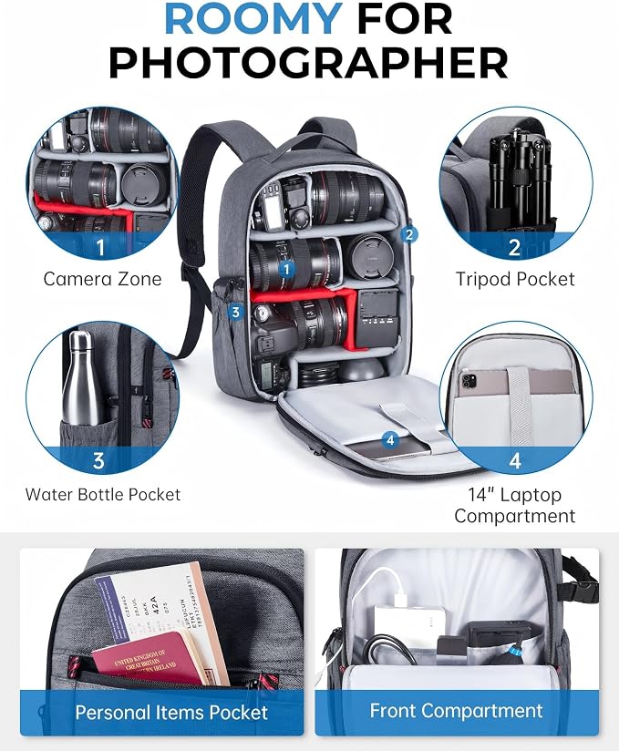 BAGSMART Camera Bag for DSLR, Waterproof Camera Backpacks for Photographers, Camera Case with Laptop Compartment-14 Grey - Image 8
