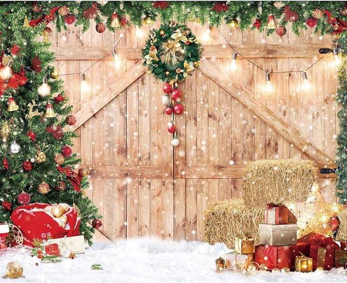 Christmas Backdrop Soft Fabric Rustic Barn Wood Door Backdrop for Photography Xmas Tree Snow Wall Floor Party Photo Background Family Banner Decorations Studio Prop Pictures(12x8ft) by Haboke