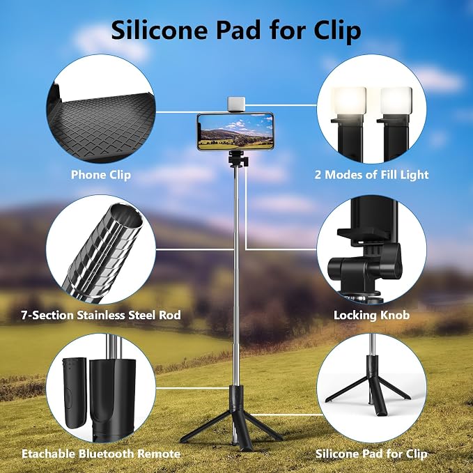 Selfie Stick, 40 in Retractable Phone Tripod with Wireless Remote Control & Light, Portable Selfie Stick Tripod for Photograph, Live Streaming, Video Recording, Compatible with All Cellphones - Image 7