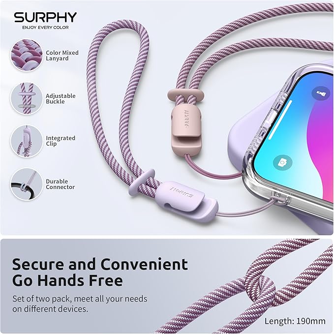 SURPHY 2 Pack Phone Lanyard, Phone Wrist Strap for Case, Camera Wrist Strap | Ultra-Light 2-Color Braided Phone Strap, Cellphone Charm Strap, Anti-Lost Wrist Lanyard for Women and Men, Pink Lilac - Image 4