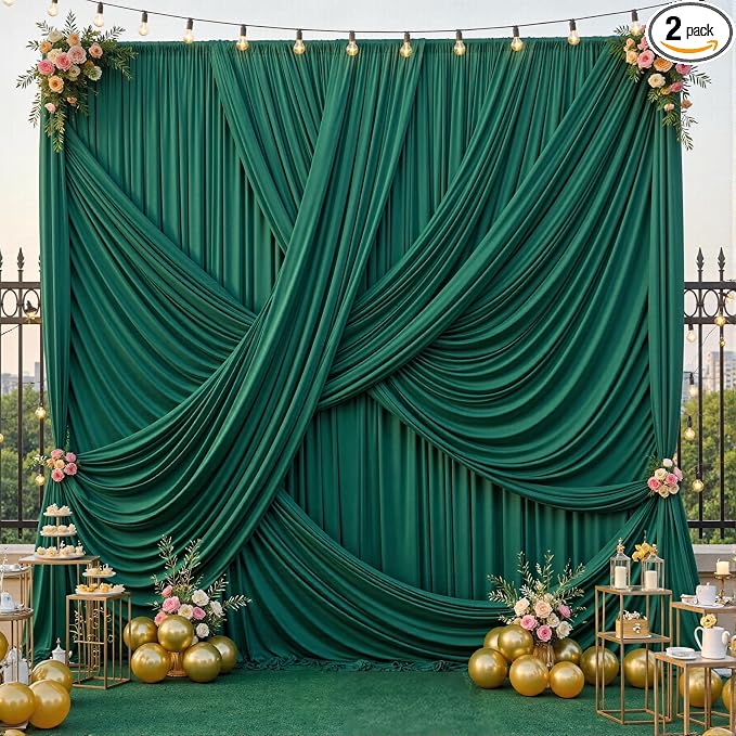 10x12 ft Forest Green Backdrop Curtains for Weddings, Birthdays and Photos | 2 Panels 5x12 ft, Wrinkle-Free Polyester Drapes, Washable, Ironable, 4 in Rod Pocket for Baby Showers Photography Background by PartyVillage