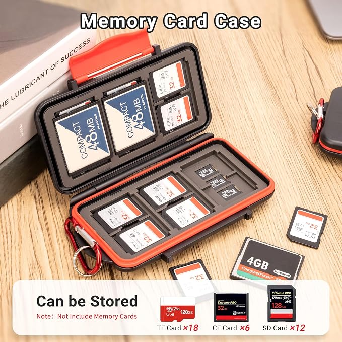 Kiorafoto 36 Slot Memory Card Holder for 18 TF + 12 SD + 6 Compact Flash | IPX5 Water-Resistant,SD SDHC SDXC Micro SD TF MSD CF Card Holder Wallet,Hard Shell with Rubber Interior & Carabiner - Image 2