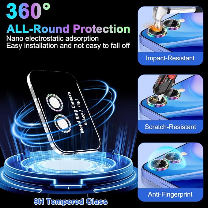 Meshine for Samsung Galaxy Z Flip 7 Camera Lens Protector,Scratch Proof,Strong Adsorption,9H Hardness with Metal Ring Camera Cover,Ultra Thin Case Friendly, Accessories Lens Protector,Shiny Colorful - Image 3