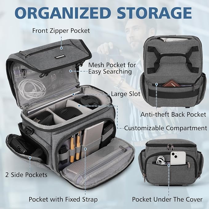 RAINSMORE Camera Bag, DSLR/SLR/Mirrorless Camera Sling Bag for Photographers Waterproof Small Camera Case with Tripod Holder & Rain Cover Camera Crossbody Bag for Canon/Nikon/Sony/Fuji, Grey - Image 3