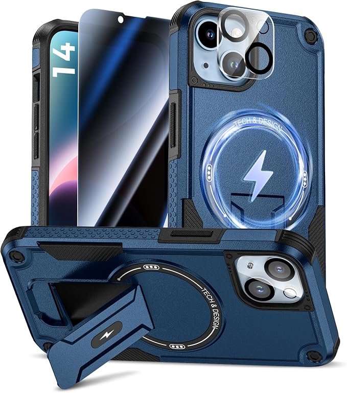 Goton 3 in 1 for iPhone 14 Case with Privacy Screen Protector Blue | Glass Camera Lens Protector,Compatible for MagSafe,Invisible Kickstand, Shockproof Phone Cover for iPhone14 by Goton