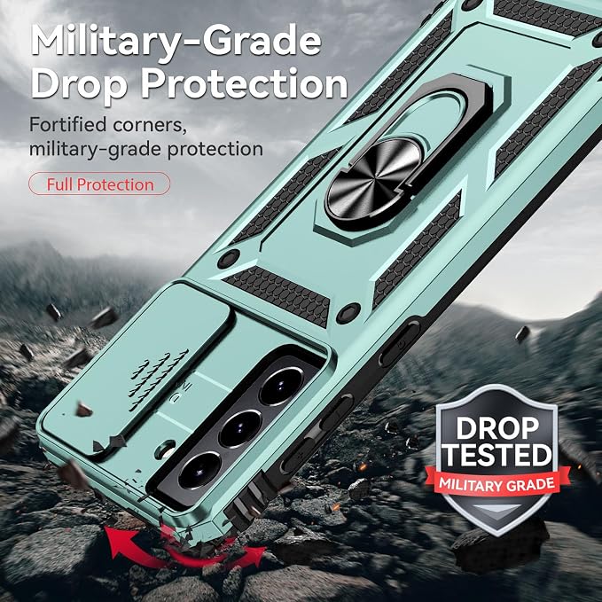 HNHYGETE for Galaxy S21 Case with Screen Protector: [Military Grade 20ft. Drop Tested] Ring Shockproof Protective Phone Case for - Samsung Galaxy S21 (Dark Green) - Image 3