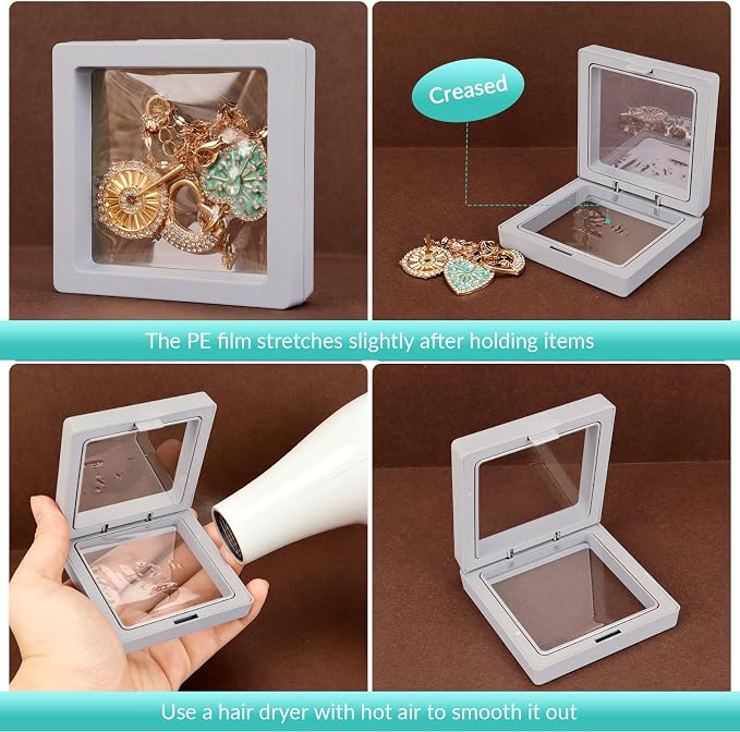 12 Pcs 3D Floating Frame Display Stand, Transparent Jewelry Gift Boxes | 2.75 x 2.75 x 0.8 Inch Small Jewelry Gift Boxes with PE Film, for Earrings Necklaces Rings Coins Specimens Crafts, 3 color - Image 7