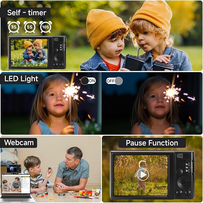 Digital Camera 4K, 2026 Upgrade Black Cameras for Teens, Autofocus Digital Point and Shoot Camera for Kids with 16X Zoom, 64GB SD Card, Compact Small Camera for Boys Girls Teens Kids Gift - Image 4