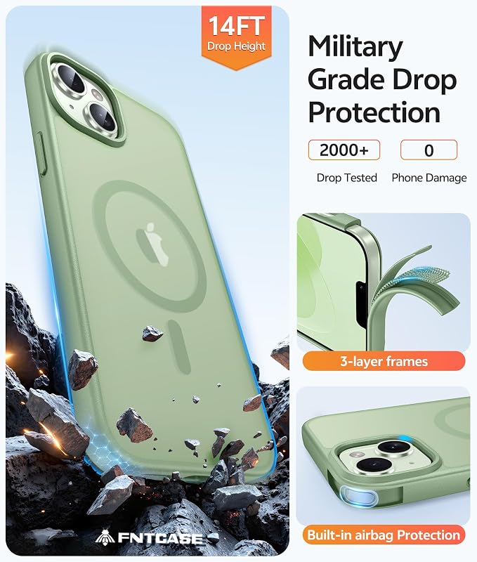 FNTCASE for iPhone 15/14 Plus Case, Fit for Magsafe, Screen Protector | Translucent Matte Magnetic Back, 14FT Military Grade Drop Protection, Shockproof Protective Phone Cover, Light Moss - Image 5