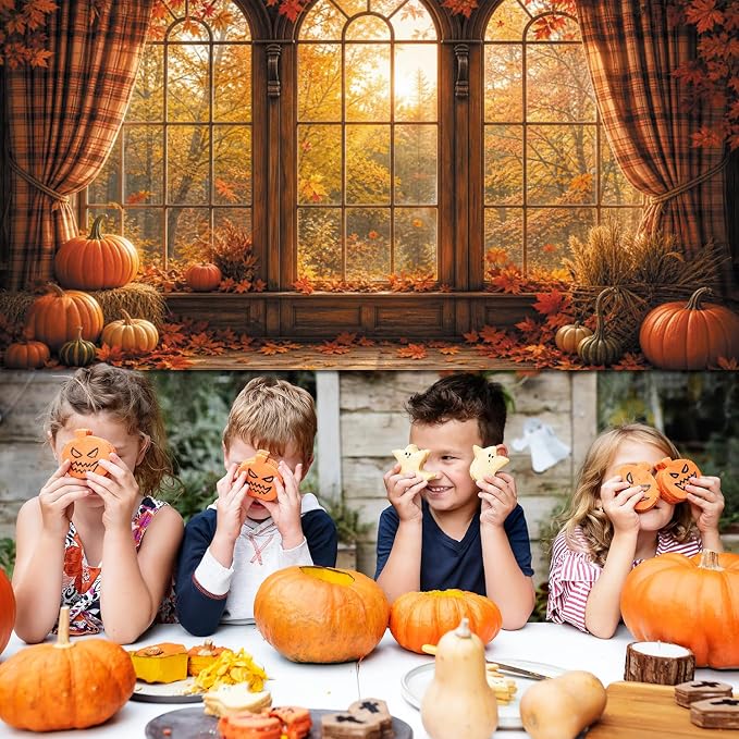 Autumn Fall Window Backdrop 20x10ft Rustic Wooden Arched Window with Pumpkin Maple Leaves Thanksgiving Harvest Photo Background for Party Decor Portrait Photography Booth Props Vinyl - Image 4