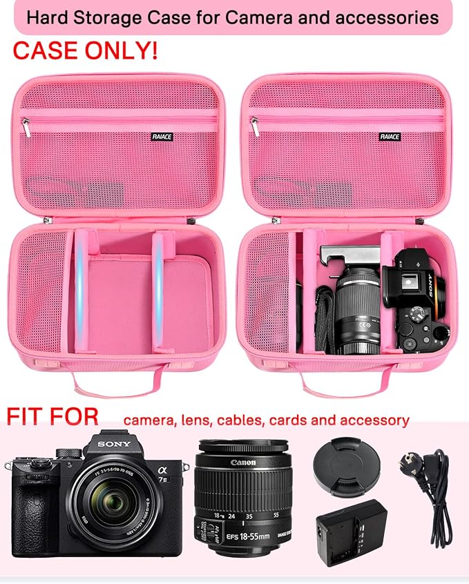 RAIACE Hard Case Compatible with Sony Alpha 7 II III IV/7R V Camera, for Nikon, for Canon, for Pentax and More. Large Capacity With Mesh Pocket for Lens, Charger, Cables, Cards and Accessories.-Pink - Image 2