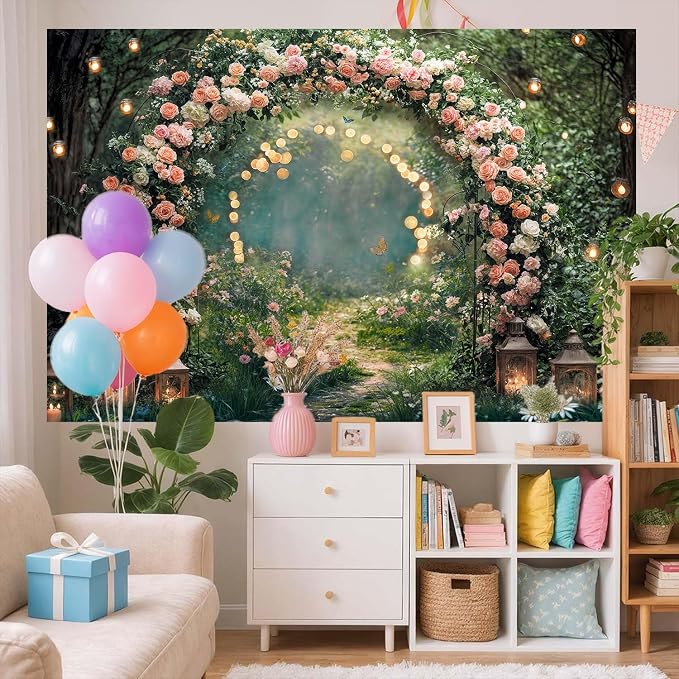 20x10ft Enchanted Forest Wedding Photography Backdrop Wonderland Roses Fairy Tale Backdrop Pink Flower Birthday Newborn Baby Shower Wedding Bridal Party Banner Photo Booth Props Anniversary Background - Image 4