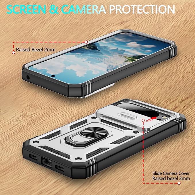 Case for Google Pixel 10 Pro XL/Pixel 9 Pro XL, with 3 Pcs Tempered Glass Screen Protector Built in Ring Stand Kickstand + Camera Cover, Hard PC Soft TPU Defender Full Body Protective Case - White - Image 7