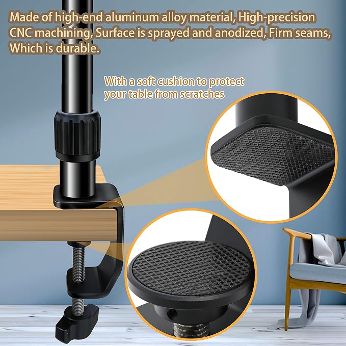 Overhead Camera Mount Desk Stand, Bearing 18lb, Base& Top 360° Adjustable, with 1/4“ 3/8" 5/8" Screw, 3-Section Flexible Articulating Metal Arm for DSLR Camera/Webcam | with 1/4“ 3/8" 5/8" Screw, 3-Section Flexible Articulating Metal Arm for DSLR Camer... - Image 5
