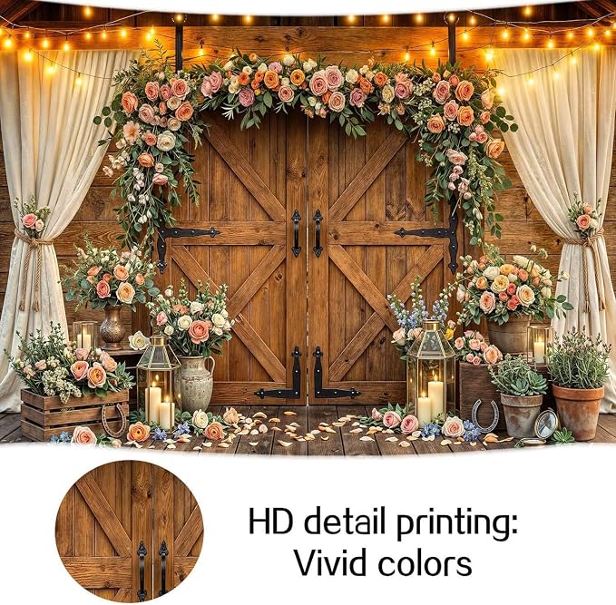 12x10ft Western Wedding Backdrop Rustic Barn Door Photography Backdrop Farmhouse Pink Flower Cabin Wooden Birthday Baby Shower Country Anniversary Bridal Party Banner Photo Booth Props Background - Image 8