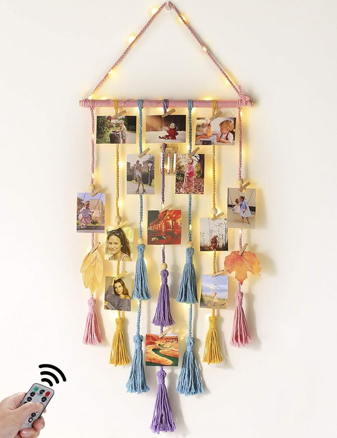 Homecor Room Decor for Teen Girls, Hanging Photo Display Macrame Picture Collage Wall Decor, Boho Decor for Bedroom Apartment Dorm Room with Remote Light, Christmas Birthday Gifts for Teenage Girls by HOMECOR