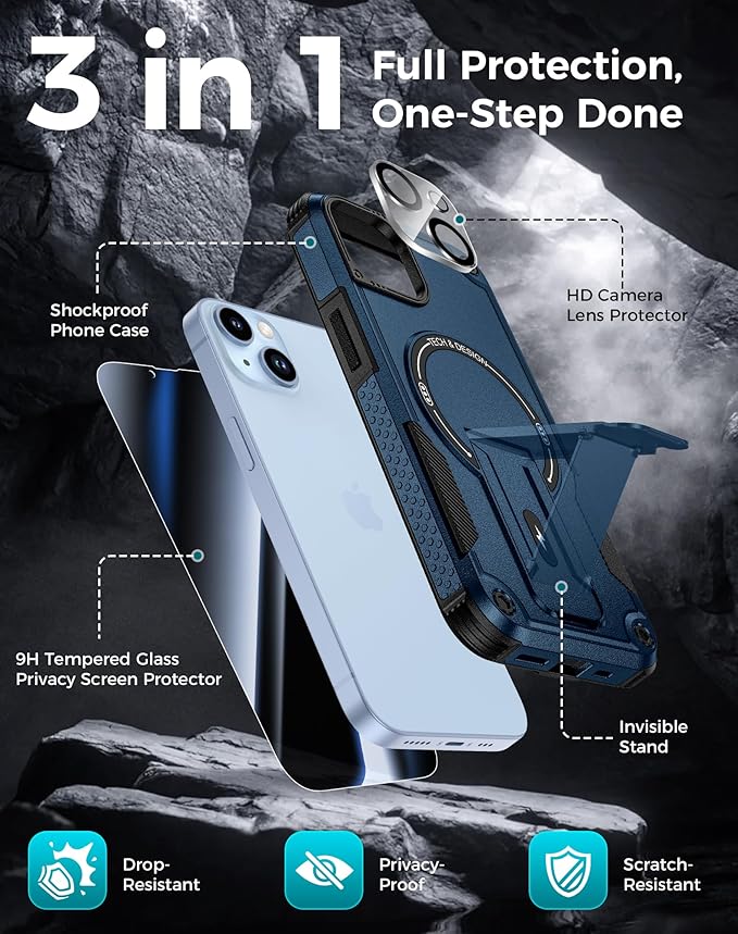 Goton 3 in 1 for iPhone 14 Case with Privacy Screen Protector Blue | Glass Camera Lens Protector,Compatible for MagSafe,Invisible Kickstand, Shockproof Phone Cover for iPhone14 - Image 3