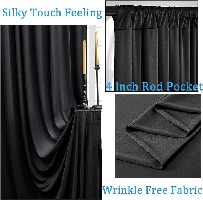 40ftx10ft Wrinkle Free Black Backdrop Curtain for Parties, 8 Panels Silky Polyester Black Photo Backdrop Drapes Back Drop Cloth Draping Fabric for Birthday Wedding Graduation Photography Background - Image 2