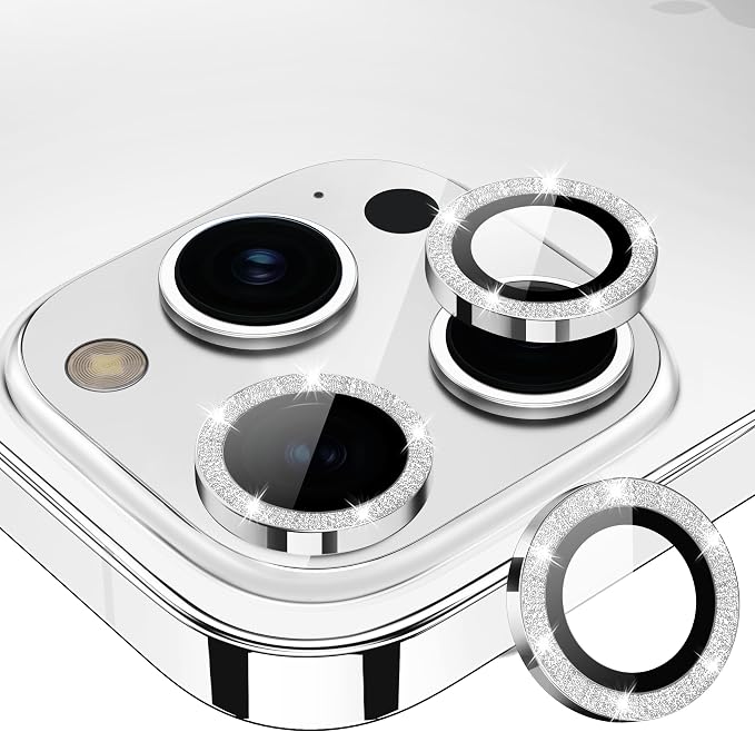 for iPhone 15 Pro/15 Pro Max Camera Lens Protector Glitter, Silver | Individual Metal, 9H Hardness, Scratch Resistant, Shockproof, Drop Protection, Case Friendly, Stylish Accessories by Xfilm