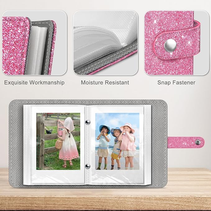 Fintie Mini Photos Album Book for 2x3 Inch Films - 52 Pockets Small Albums | For Fujifilm Instax Mini, Polaroid Hi-Print Pictures, Portable Kpop Photocard Holder, Travel Memory Book, Glittering Pink - Image 3