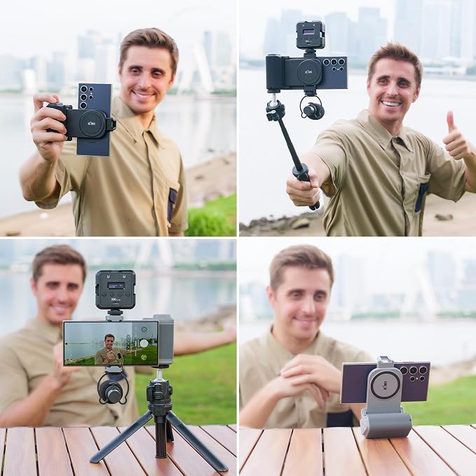 Phone Camera Grip with Remote Control for Smartphones Vlog Shooting | silicone anti-slip grip, detachable remote, dual cold shoe slots, 1/4" tripod thread, design for vlog video shooting - Image 6
