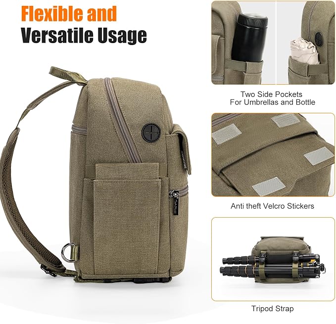 Cwatcun Large Canvas Sling Bag, Crossbody Chest Bag with Tripod Holder | Fits 1body +2lenses +9.7" iPad +6.7"phone.Waterresistant canvas with rain cover, tripod holder, adj strap 29.5-51.2". - Image 6