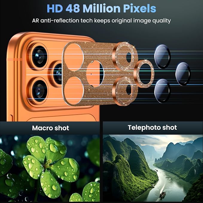 Uyiton for iPhone 17 Pro Max Camera Lens Protector, Metal Frame Glass Cover | Not Easy to Break, Strong Adsorption, Case-Friendly, Metal 9H Sapphire Glass Rear Camera Screen Cover, Glitter Orange - Image 3
