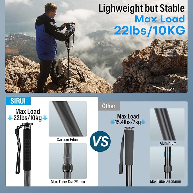 SIRUI Carbon Fiber Monopod for cameras, 65" Compact Lightweight Travel Monopod, 6 Sections, Load up 15kg, included Phone Holder (AM-MDP01) - Image 3
