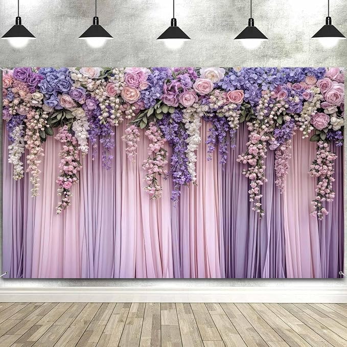 5x3ft Purple Flower Wedding Photography Backdrop Lavender Floral Wedding Bridal Photography Backdrop Anniversary Birthday Baby Shower Girl Party Banner Photo Booth Props Background Wall Decor - Image 5
