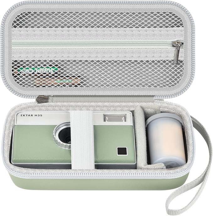 Film Camera Case for Kodak EKTAR H35 H35N Half Frame Film Camera | Camera and 35mm Film Rolls Storage, Mesh Pocket for Small Accessories, Travel and Home Organization; Slim, Green, Case Only by Grapsa