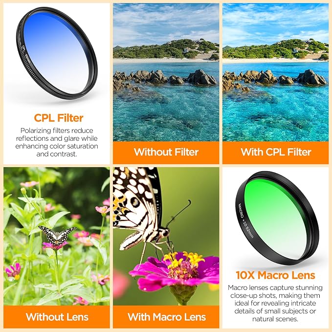 52MM Coral Reef and Reef Tank Filter Kit for Phone, CPL Polarizing+20,000k Yellow+15,000k Orange+10x Macro, Clip, Saltwater Aquarium Lens Compatible with iPhone16 15 Pro Max Samsung Moto Google TCL - Image 4